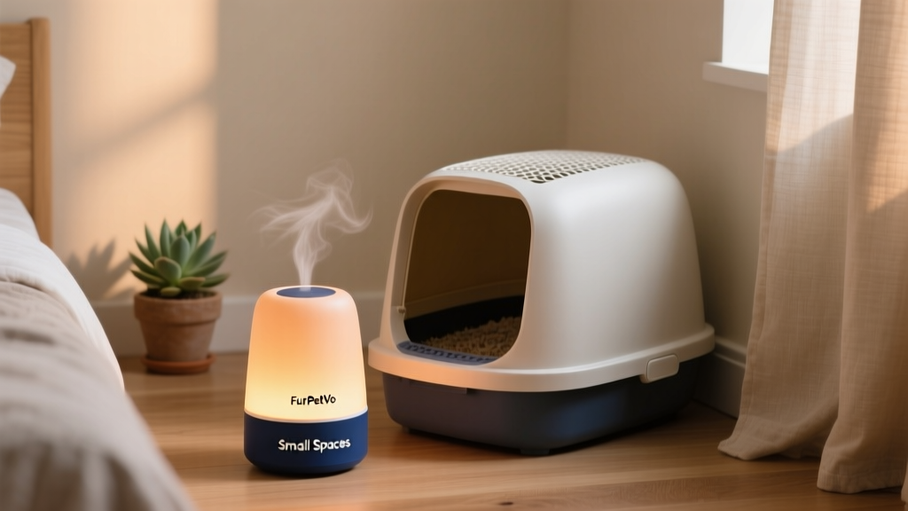 Close-up of a FurPetVo SMALL SPACES plug-in air freshener glowing softly beside a covered litter box