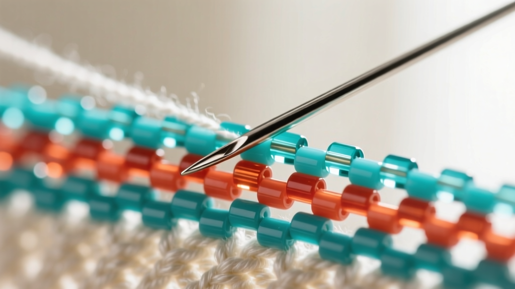 Macro shot of a size 12 beading needle passing through a ladder stitch base row of bright turquoise and coral cylinder seed beads.