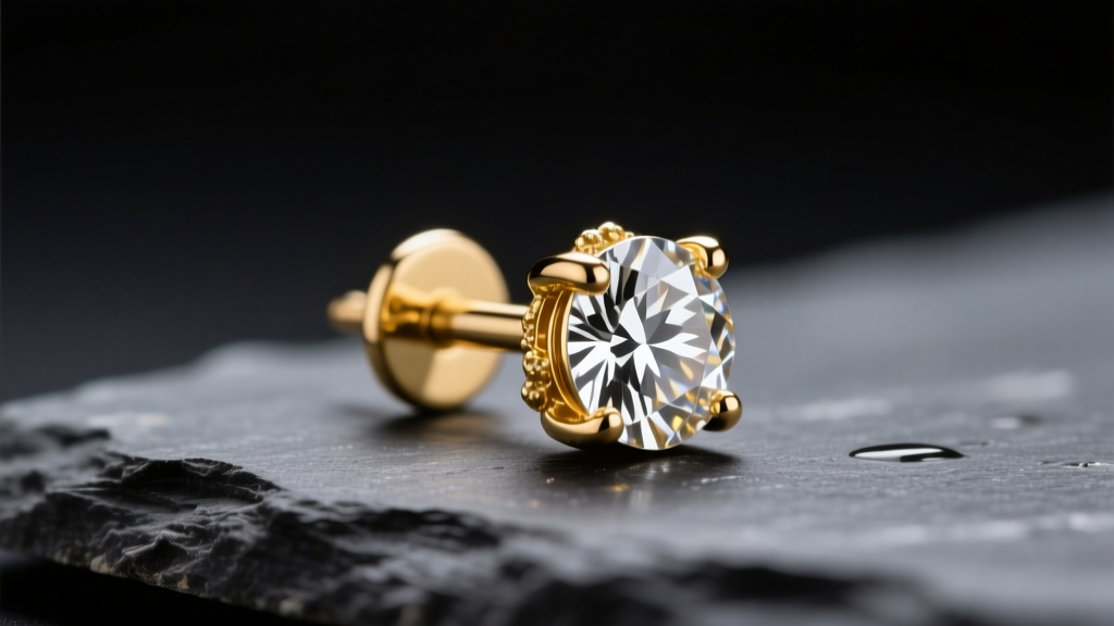 Macro shot of an 18k gold diamond stud earring on dark slate showing sebum buildup near the post under soft studio lighting.