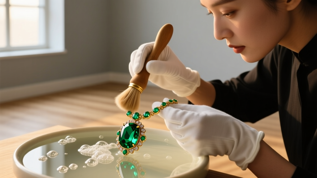 Jeweler using a soft brush and warm soapy water to clean a vintage emerald necklace, carefully avoiding ultrasonic vibrations