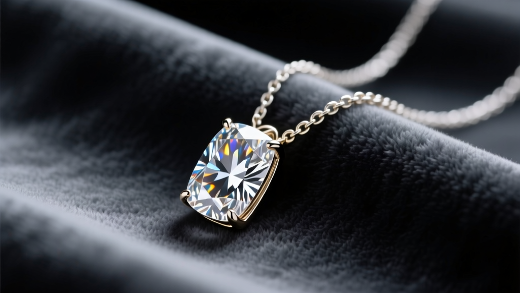 Elongated cushion cut diamond pendant on a white gold chain resting on dark grey velvet fabric under soft studio lighting