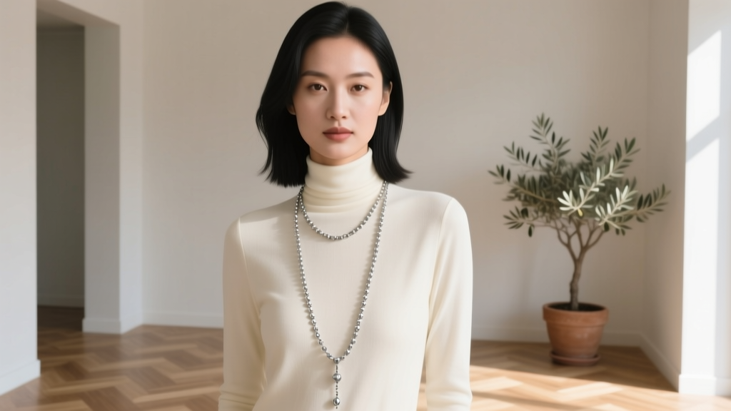 Woman wearing a 24-inch silver rosary necklace over a cream turtleneck, showcasing respectful and elegant everyday jewelry style.