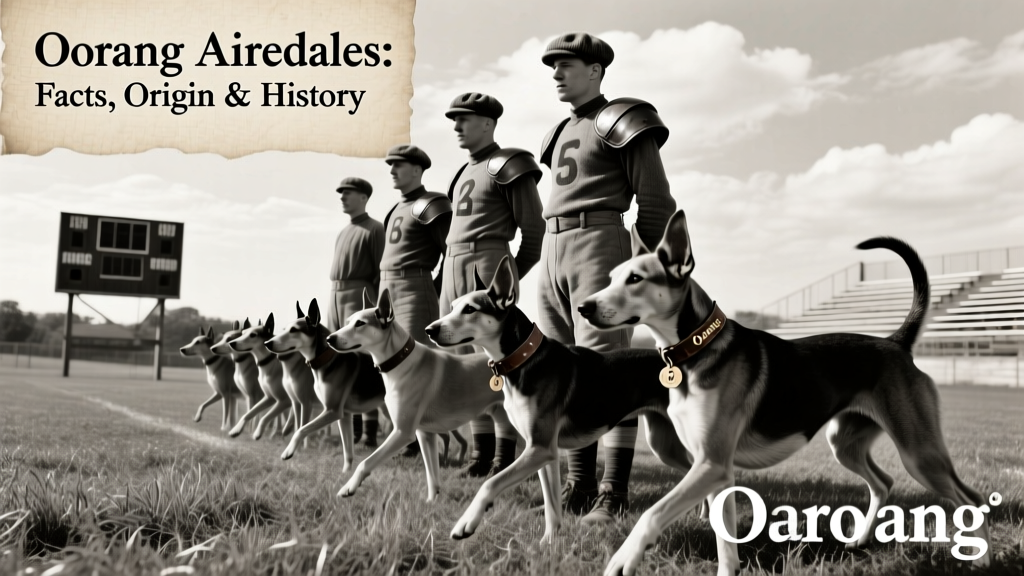 Vintage photo of Oorang Indians football team with their Airedales lined up on field