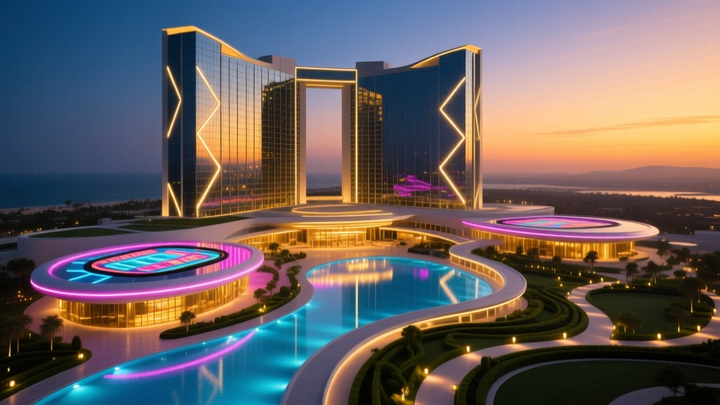Aerial architectural rendering of a massive modern casino resort at dusk with illuminated gaming floor glass facades and a towering luxury hotel