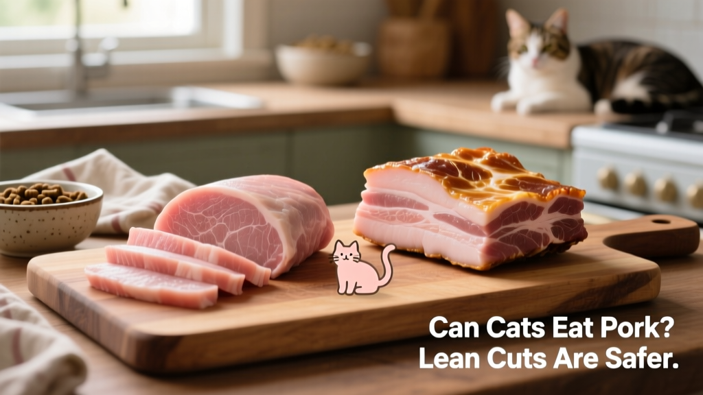 Side-by-side comparison: lean pork tenderloin (left) vs. fatty pork belly (right), highlighting why lean cuts are safer for cats