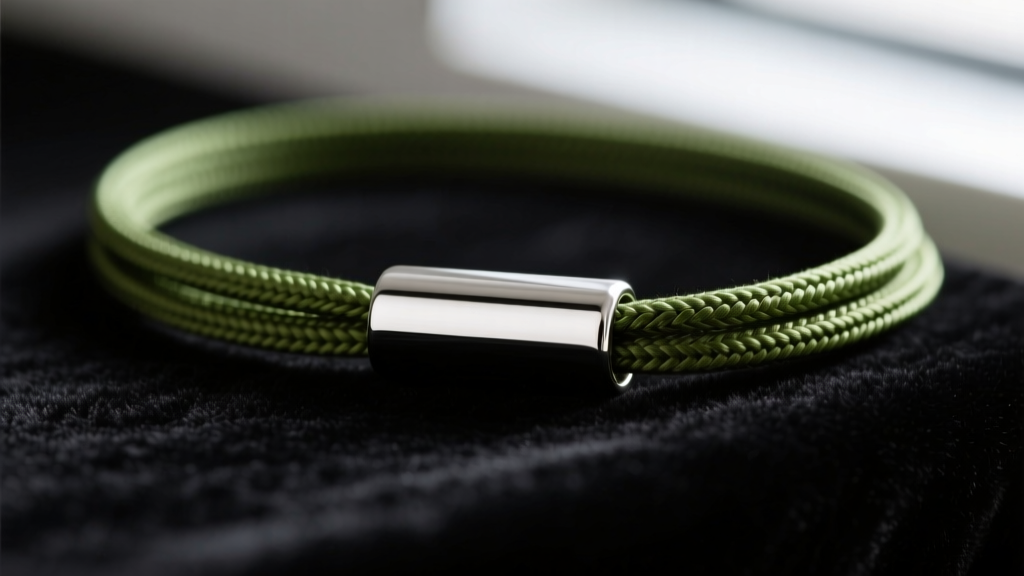 Macro shot of a silver tube bail sliding over a doubled 0.8mm olive green nylon cord, resting on a dark velvet jeweler's pad.