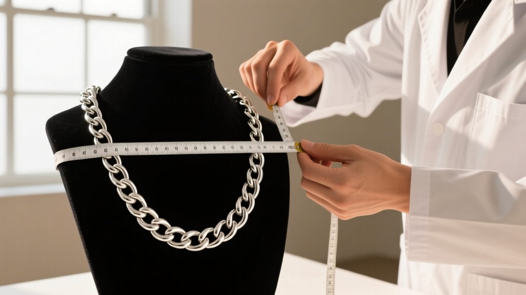 Jeweler using a soft flexible measuring tape to measure a thick sterling silver Cuban link chain draped around a velvet neck bust