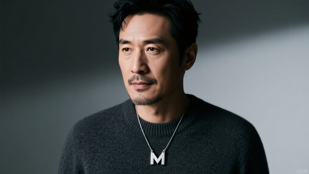 Man wearing a matte titanium initial necklace with a geometric M pendant over a dark gray sweater, shot in moody studio lighting.