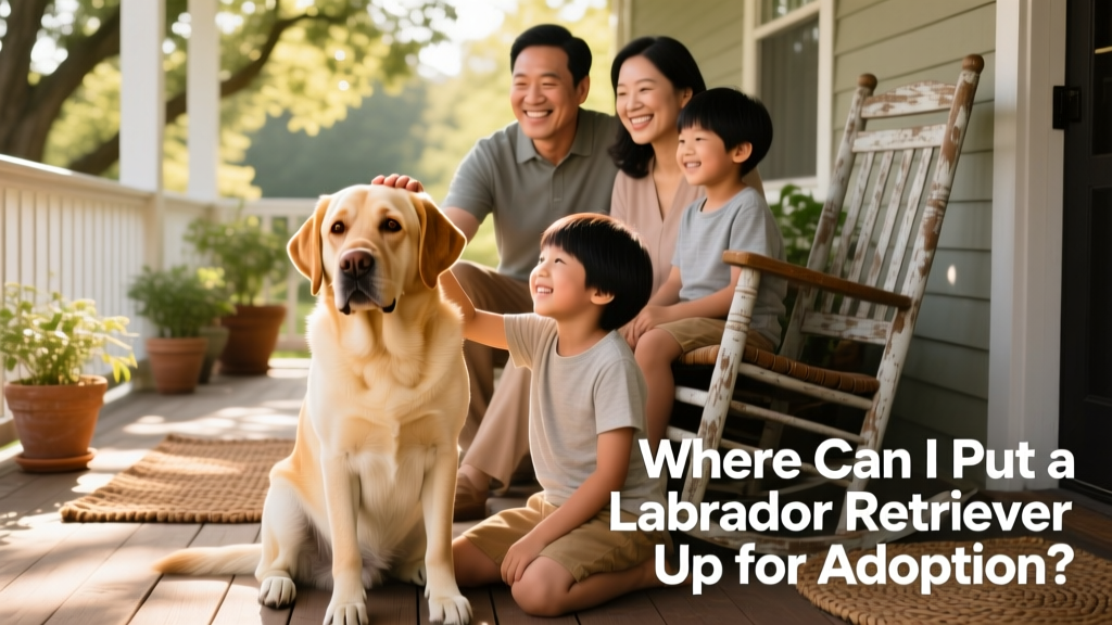 A gentle, well-groomed Labrador Retriever sitting calmly beside a family on a sunlit porch