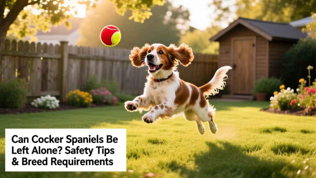 A happy Cocker Spaniel playing fetch in a fenced backyard with a brightly colored ball