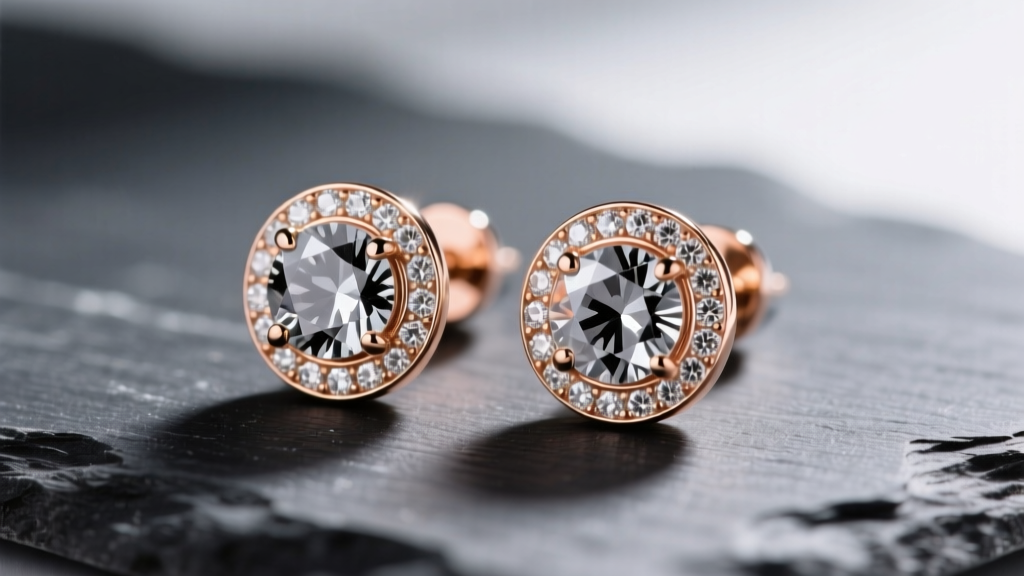 Macro shot of 14k rose gold bezel-set salt and pepper diamond stud earrings on dark slate, highlighting grey and black inclusions.