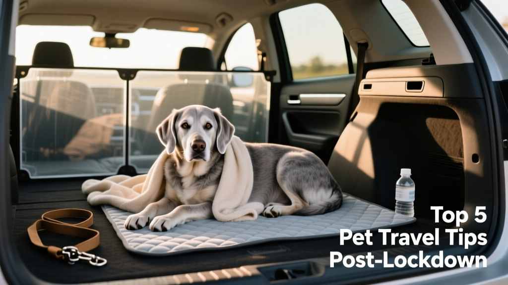 A relaxed senior dog resting on a cooling mat inside a well-ventilated car boot with a visible safety divider