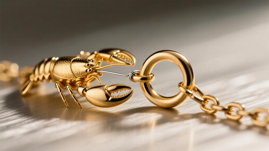 Macro of a 14k gold lobster clasp and unsoldered jump ring on a chain, showing the slight gap where the wire meets the link