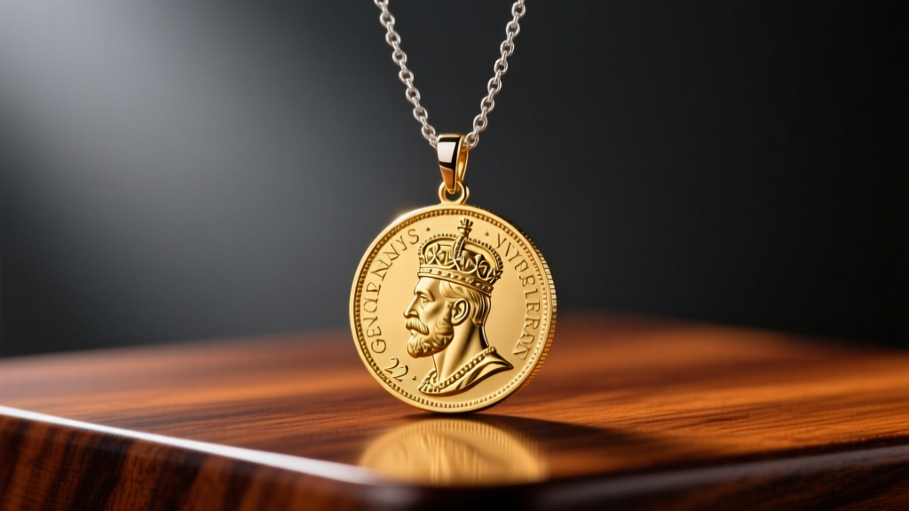 A 22k gold British Sovereign coin pendant necklace with King George V, resting on polished mahogany in warm directional lighting.