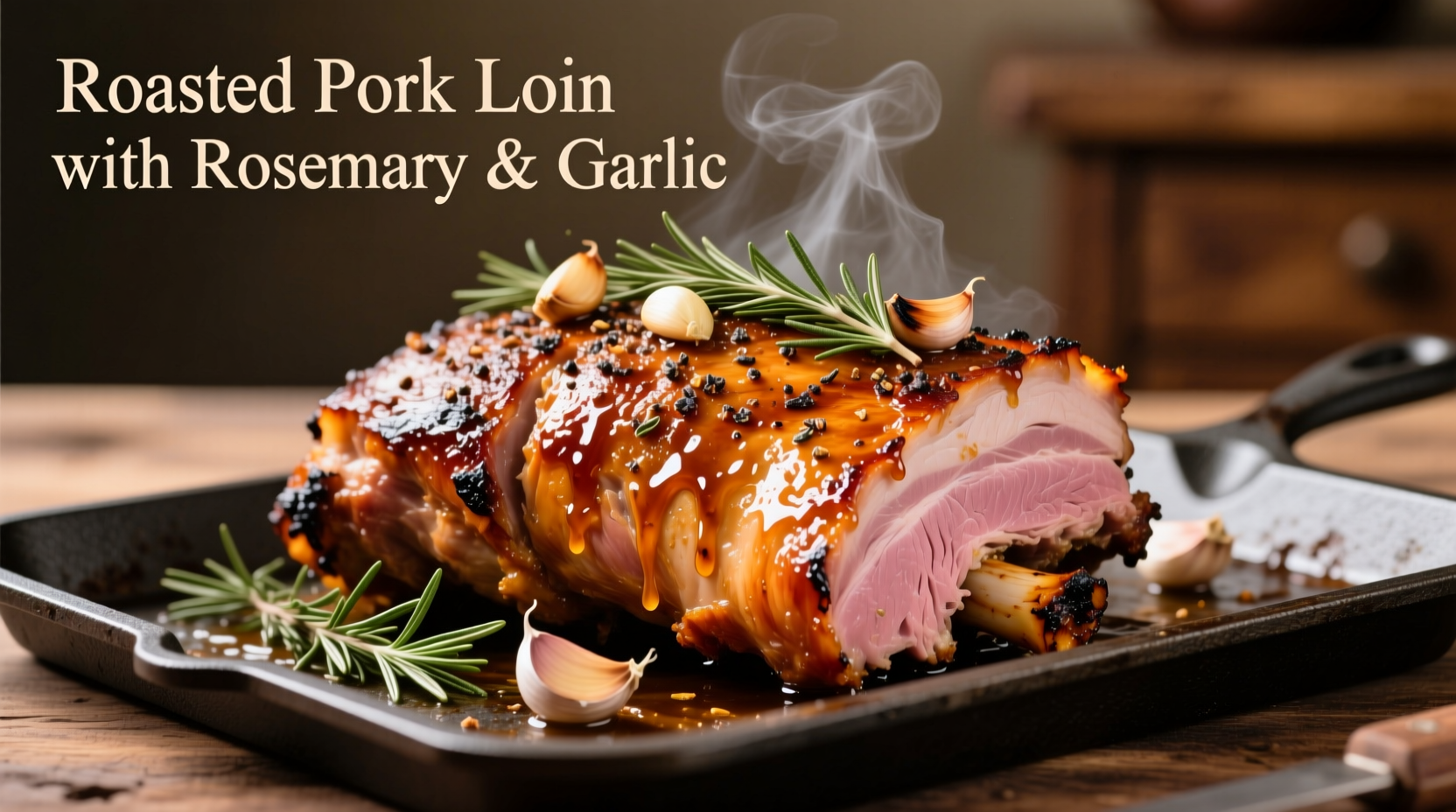 Juicy roasted pork loin with rosemary and garlic on baking sheet