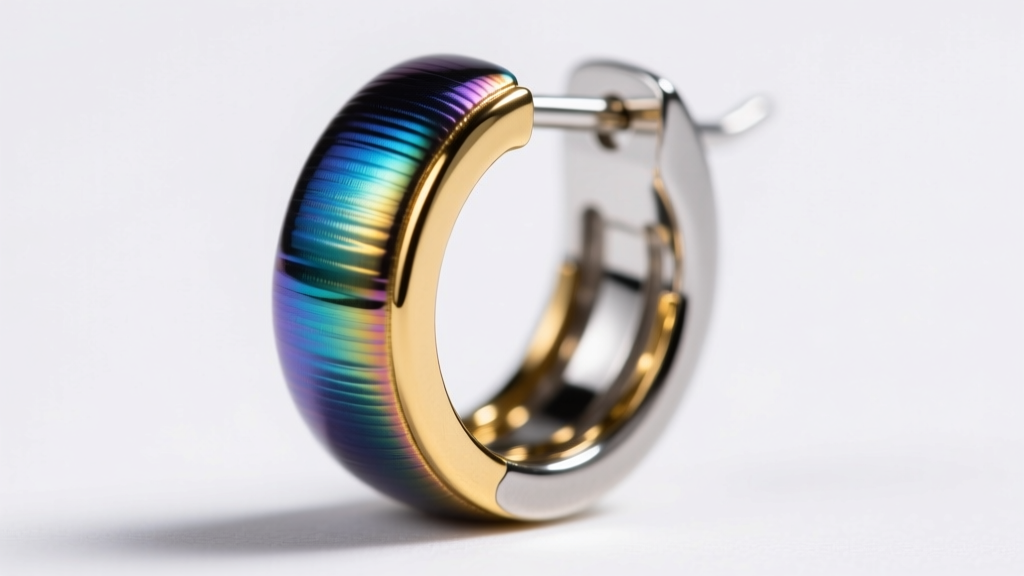 Macro photo of PVD titanium nitride rainbow coating layered over a polished surgical steel earring base with 14k gold accents.
