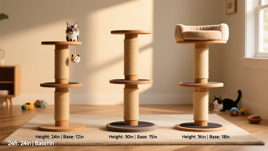 Side-by-side comparison of three tall, sturdy scratching posts suitable for Maine Coons, showing different heights and base widths