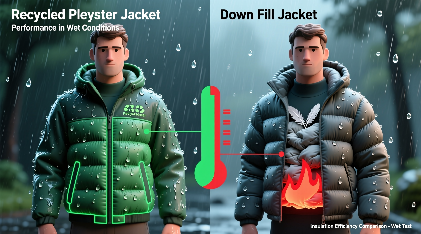 recycled polyester jacket vs down fill which insulates better in wet conditions