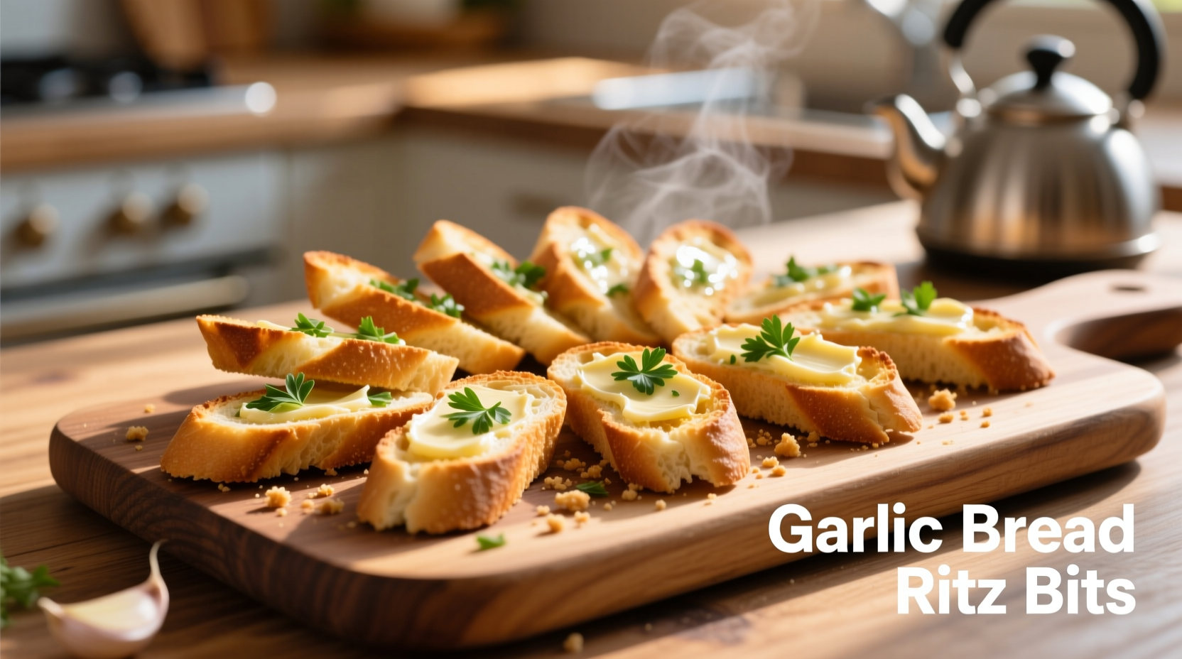 Garlic bread Ritz Bits arranged on a wooden board