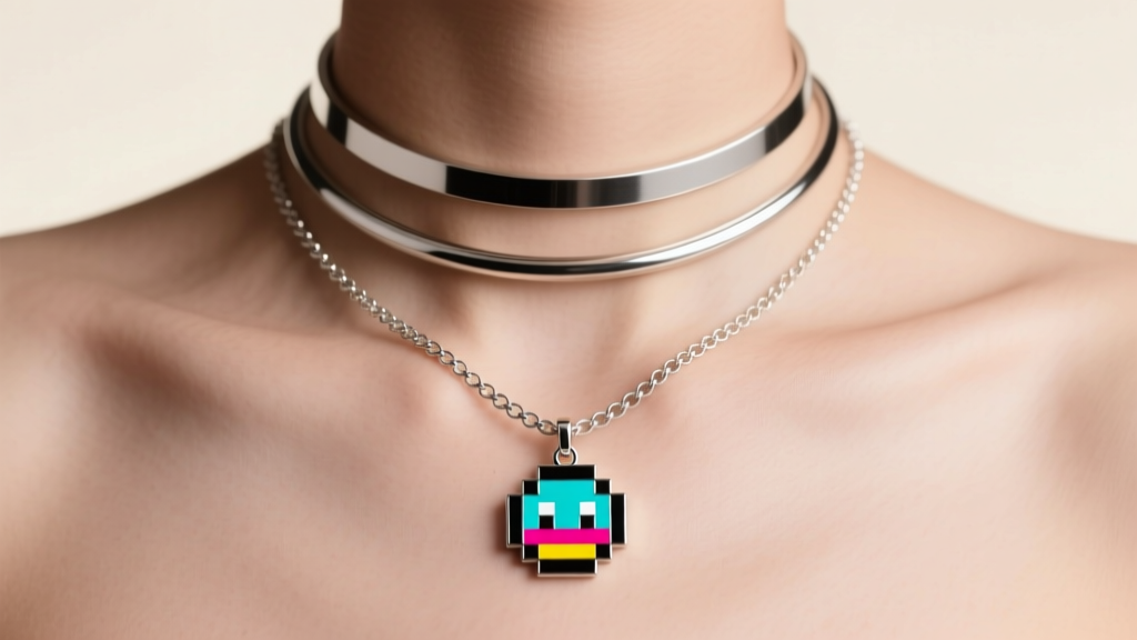Silver necklace stack featuring a small pixel-art pendant on a rolo chain, paired with plain minimalist chokers on a bare collarbone