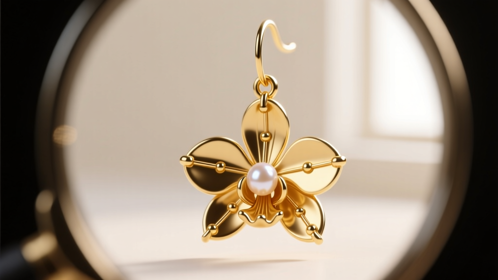 Loupe view inspecting solder joints and prongs on a delicate 18k gold orchid dangle earring featuring a small pearl accent