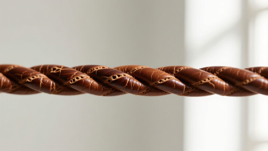 Macro shot of rich mahogany full-grain leather cord showing natural pores and a subtle waxy patina against a neutral background