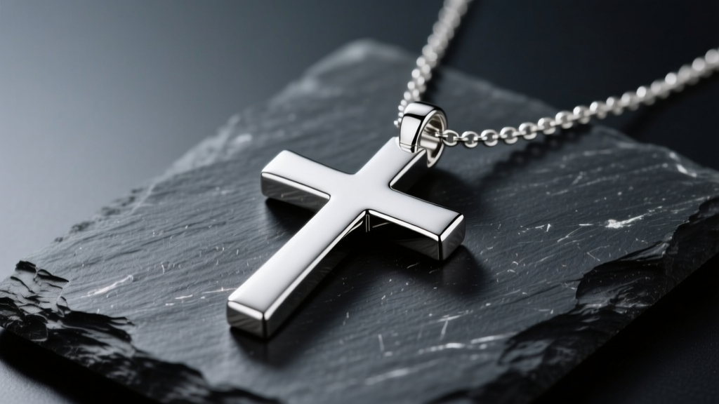 A polished 925 sterling silver plain cross necklace on dark slate, reflecting soft studio lighting on its mirror finish.