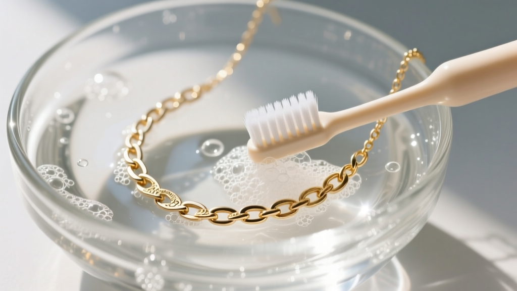 Soft-bristled baby toothbrush gently scrubbing a delicate 18k white gold chain necklace in a glass bowl of soapy distilled water.