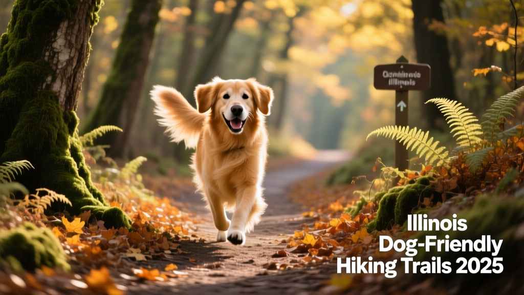 A golden retriever happily walking along a shaded, leafy forest trail in Illinois