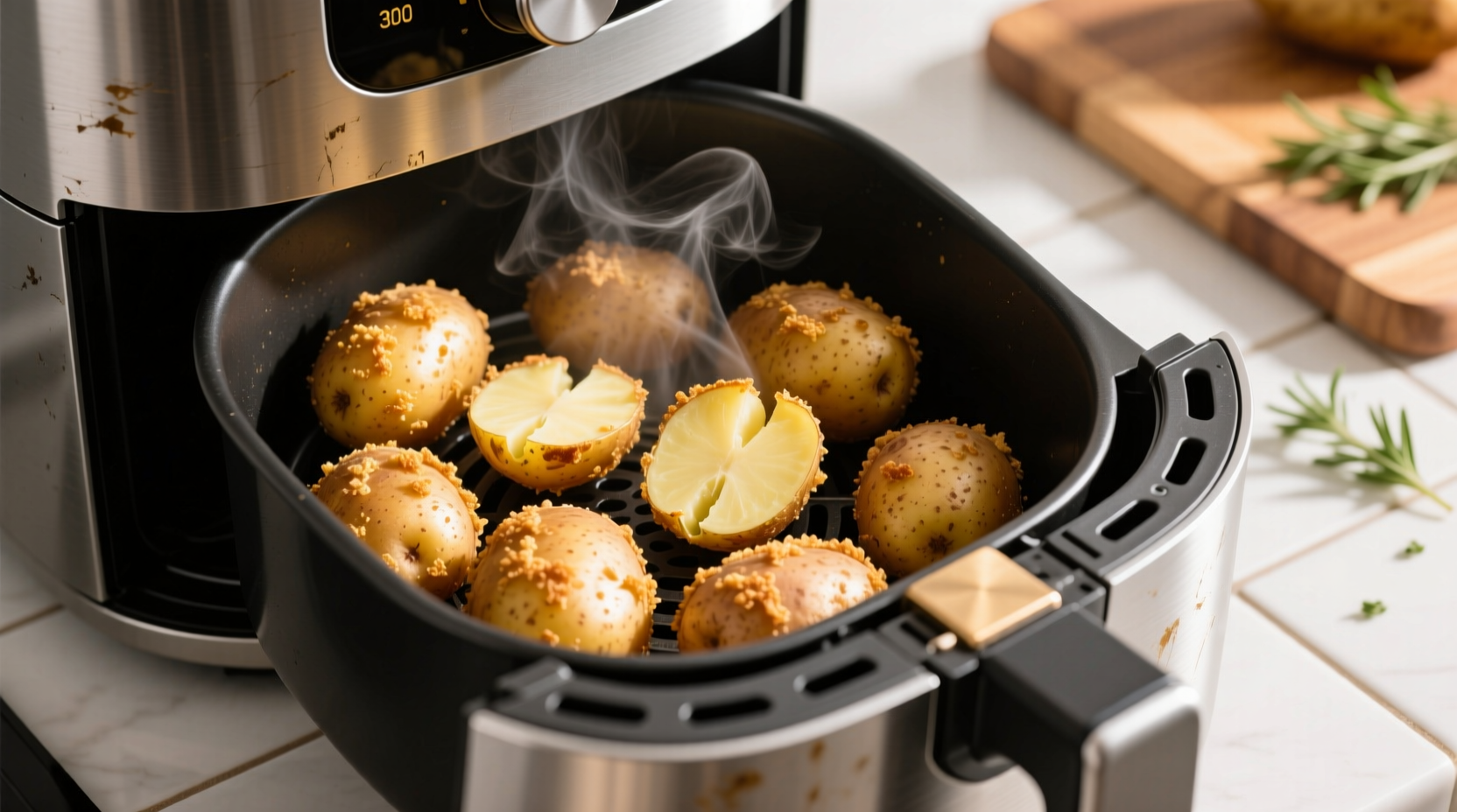 Golden brown potatoes in air fryer basket