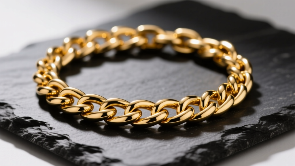 Close-up of a 14k yellow gold mens nugget link chain on dark slate, highlighting textured reflective links under soft studio lighting