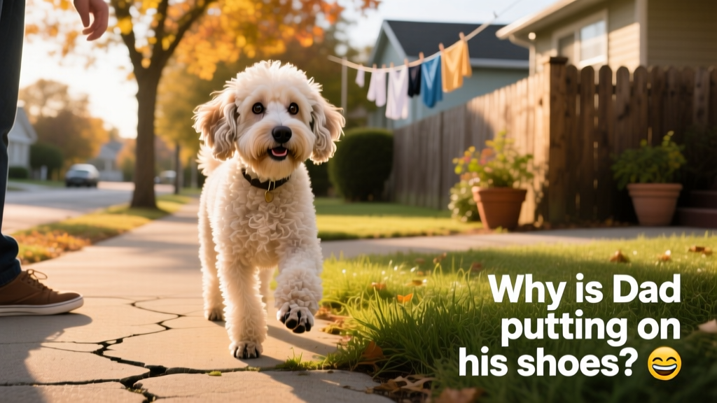 A relaxed Poodle Bichon Mix sniffing curiously at grass and pavement during a neighborhood walk