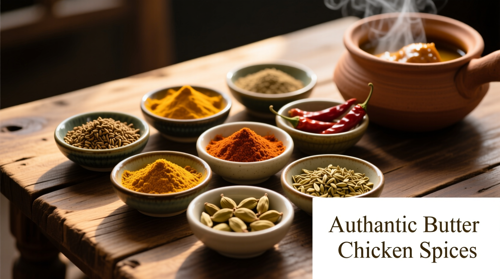 Authentic butter chicken spices arranged in small bowls