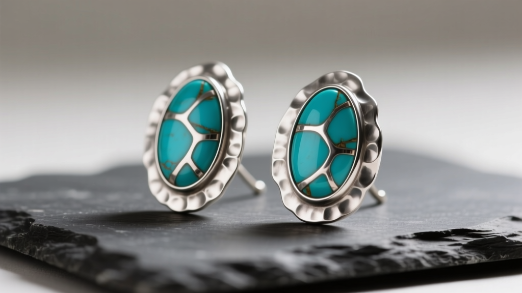 Artisan Talina earrings with hammered sterling silver and turquoise inlay resting on dark slate under soft directional lighting