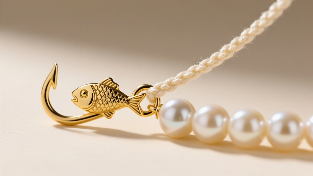 Macro shot of a 14k yellow gold fishhook clasp securing a knotted silk thread on a classic cream-colored pearl strand necklace