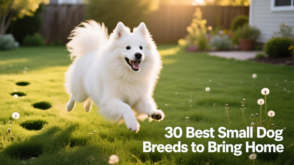 An American Eskimo Dog mid-play in a grassy yard, showcasing its bright white, fluffy double coat