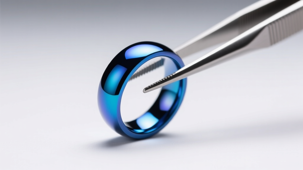 Anodized blue titanium segment ring held by tweezers under LED light, showing the vibrant color shift and smooth polished surface.