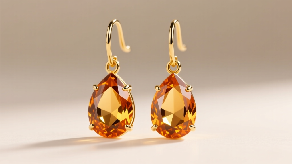 14k yellow gold leverback dangle earrings with faceted teardrop Madeira citrine gemstones glowing under soft studio lighting