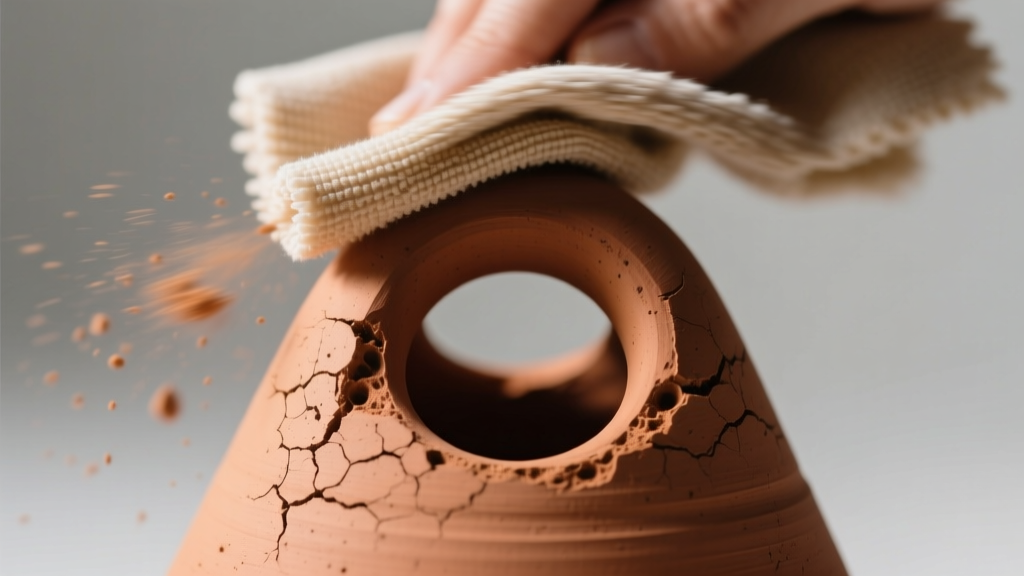 Close-up of a microfiber cloth wiping a matte terracotta ring cone, showing the textured, unglazed porous clay surface below it.