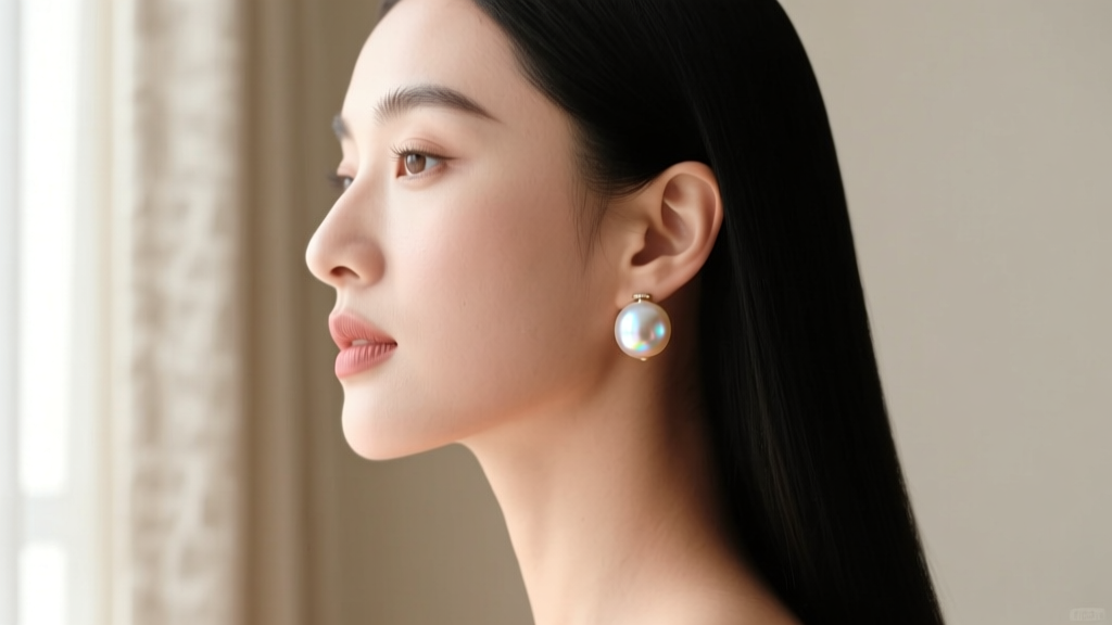 Side profile of a woman wearing a 12mm South Sea pearl drop earring, soft window light highlighting the gem's mirror-like luster.