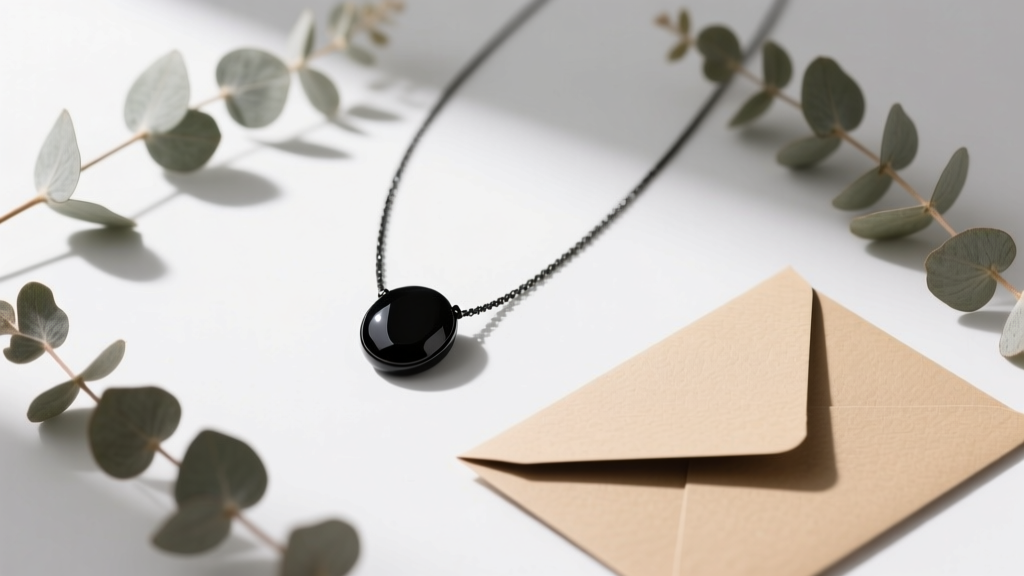 Flat lay gift box with a minimalist black onyx solitaire necklace, surrounded by dried eucalyptus and a handwritten greeting card