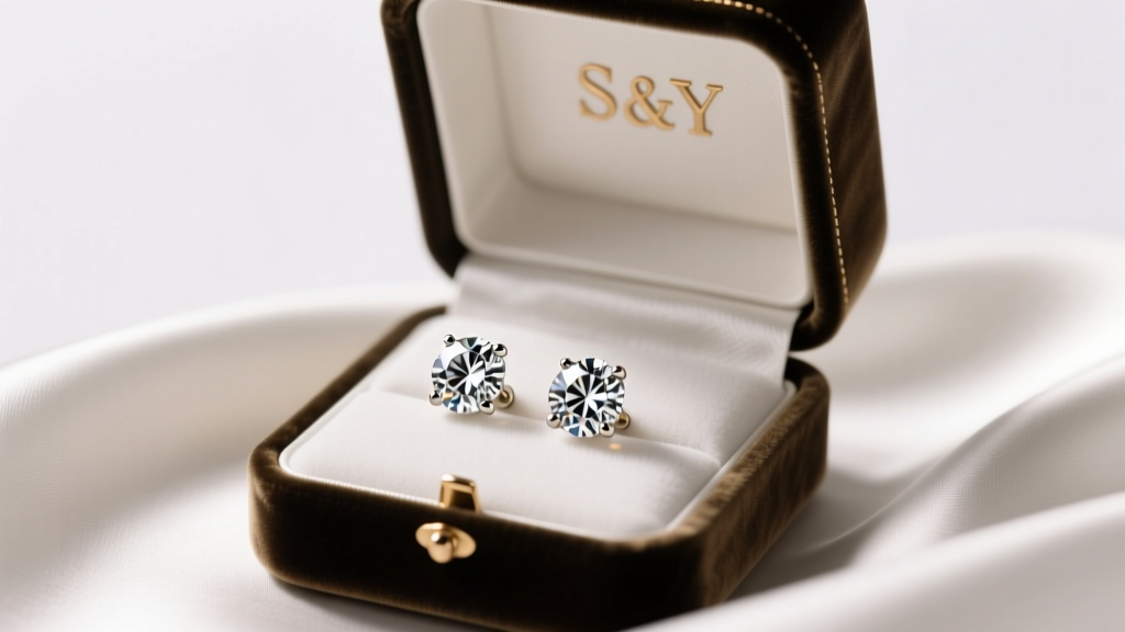Open velvet box showing S&Y diamond stud earrings on white satin, lit by soft warm studio lighting for a luxury gift