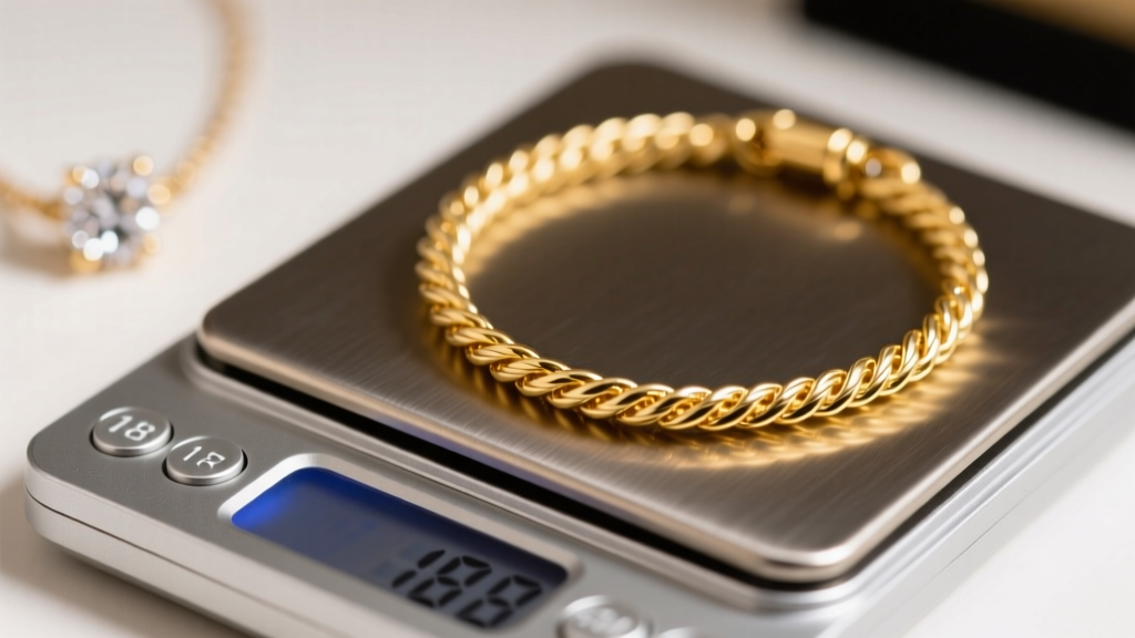 Macro shot of an 18k gold rope necklace on a digital scale beside a jeweler's loupe and acid testing bottle in warm studio light.