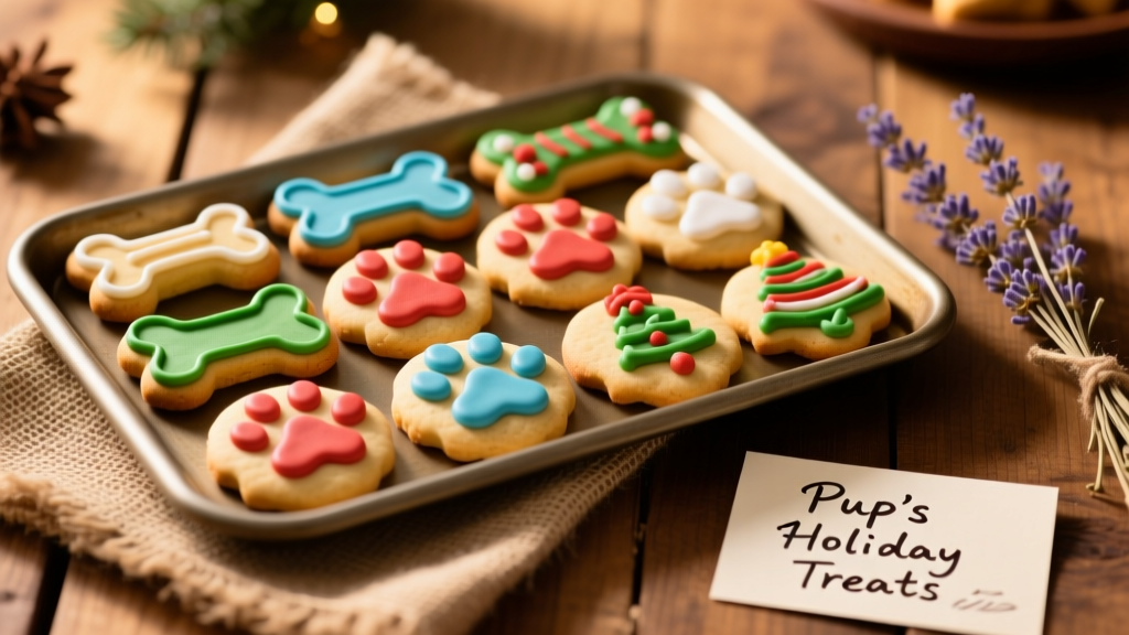 A festive tray of homemade dog cookies decorated with colorful, natural food coloring icing