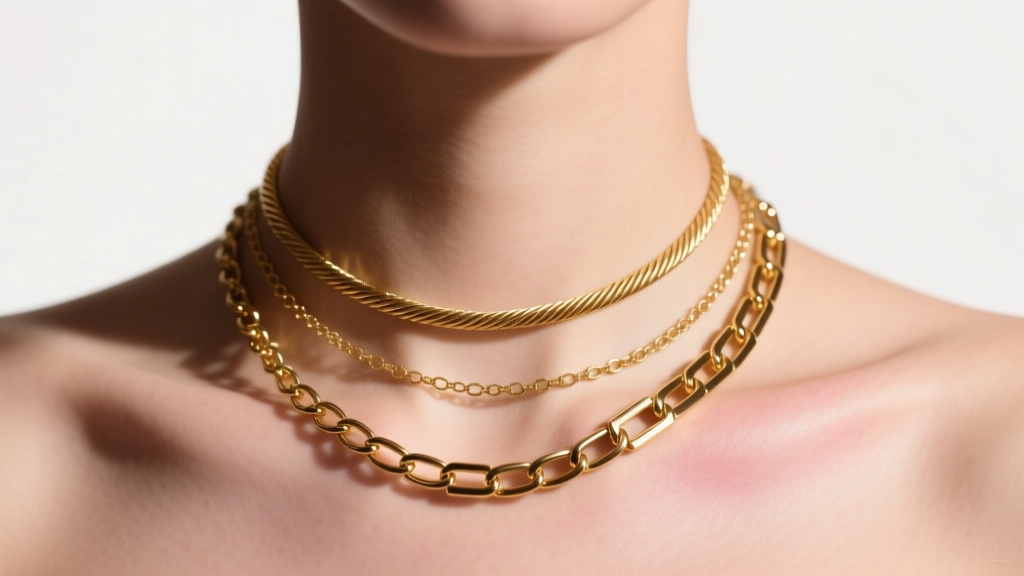 Elegant neck wearing a layered three-tier gold necklace stack with varied chain links, lit by soft, warm directional studio light.