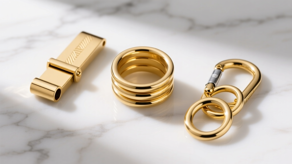 Flat lay of three distinct 14k gold stacker clasps on white marble: a slide lock, a magnetic tube, and a multi-ring carabiner.