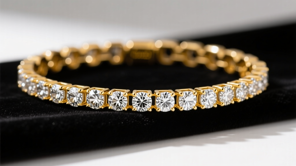 Close-up of a sparkling 18k yellow gold diamond tennis bracelet on dark velvet, highlighting the micro-pavé prong settings.