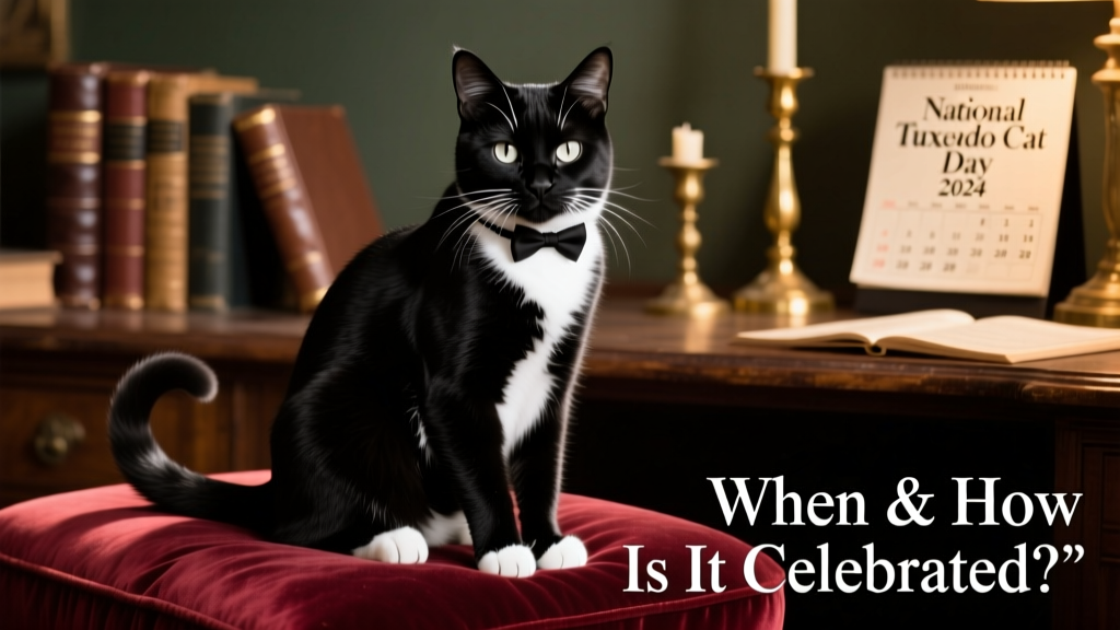 A sleek black-and-white tuxedo cat sitting confidently on a velvet cushion, front paws neatly tucked