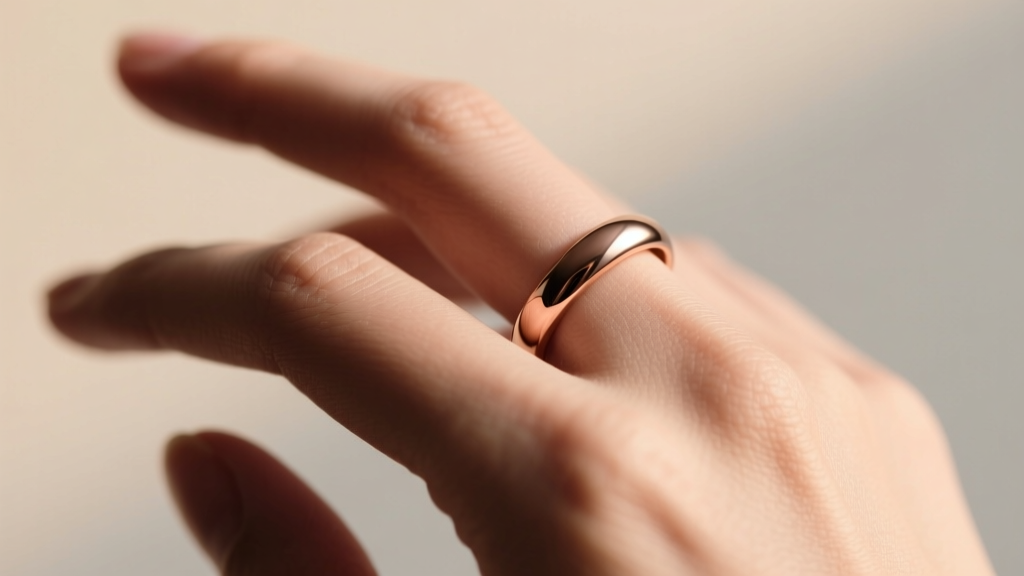 Side profile of a hand showing a seamless, welded 14k rose gold permanent ring resting perfectly between the knuckle and finger base