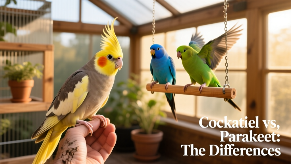 A cockatiel perched calmly on a hand next to a pair of active parakeets playing with a swing inside a spacious cage